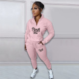 Pink Letter Print Plus Fleece Pullover Pant Two Piece Set NYF-8135