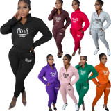 Pink Letter Print Plus Fleece Pullover Pant Two Piece Set NYF-8135