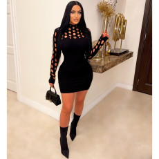 Knitted Long Sleeve Hollow Slim Sweater Dress CM-8649