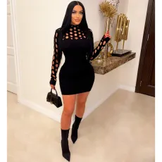 Knitted Long Sleeve Hollow Slim Sweater Dress CM-8649