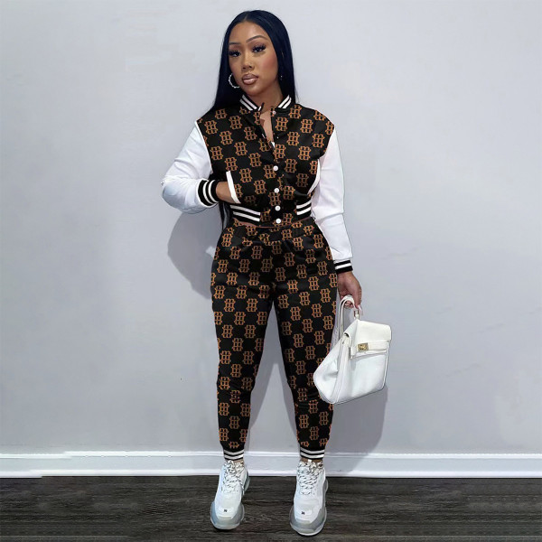 Print Patchwork Long Sleeve Baseball Jacket 2 Piece Set FSL-F203