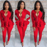 Solid Zipper Ruffles Long Sleeve Two Piece Set TE-4525