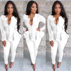 Solid Zipper Ruffles Long Sleeve Two Piece Set TE-4525