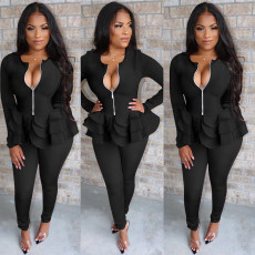 Solid Zipper Ruffles Long Sleeve Two Piece Set TE-4525