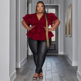 Plus Size Ruffle Sleeve Pleated Pullover Shirt NNWF-7780