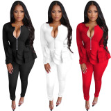 Solid Zipper Ruffles Long Sleeve Two Piece Set TE-4525