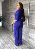 Casual Drawstring Short Tops High Waist Straight Pants 2 Piece Set GYLY-9849