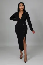 Fashion V Neck High Waist Splid Maxi Dress GYLY-9973