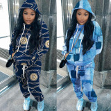 Plus Size Casual Print Hooded Sweatshirt Slim Two Piece Pants Set NY-10368