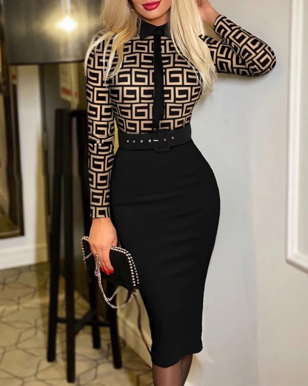 Plus Size Fashion Print Midi Dress With Belt GSRX-Q809