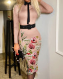 Plus Size Fashion Print Midi Dress With Belt GSRX-Q809