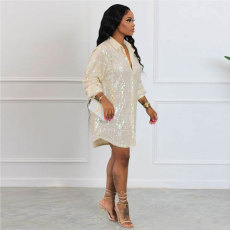 Sexy Long Sleeve Sequin Shirt Dress NY-2625