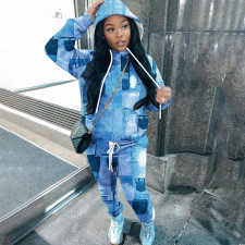 Plus Size Casual Print Hooded Sweatshirt Slim Two Piece Pants Set NY-10368