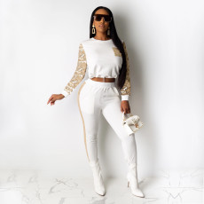 Sequin Splicing Long Sleeve Two Piece Pants Set TE-4527