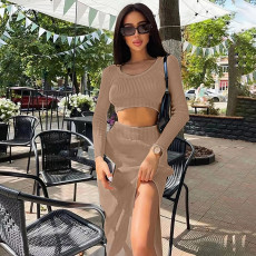 Fashion Slim Rib Short Top And Slit Skirt 2 Piece Set ME-8272