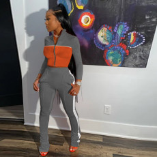 Casual Sports Color Block Coat Pants Two Piece Set MUKF-101