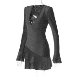 U-neck Padded Shoulder Flared Sleeve Ruffle Sexy Mini Dress GKLK-10544