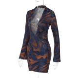 Printed Lapel Neck Deep V Sexy Dress GKLK-11000K