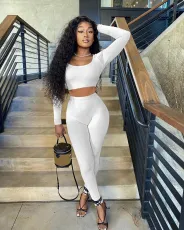 Low Collar Rib Sports Casual Long Sleeve Pants Two Piece Set ME-8274