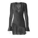 U-neck Padded Shoulder Flared Sleeve Ruffle Sexy Mini Dress GKLK-10544
