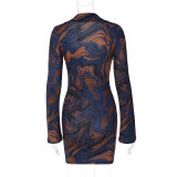Printed Lapel Neck Deep V Sexy Dress GKLK-11000K