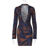 Printed Lapel Neck Deep V Sexy Dress GKLK-11000K