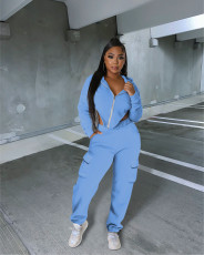 Solid Irregular Zipper Coat Pocket Pants Two Piece Set IV-8354