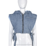 Denim Hollow Out Straps Hooded Vest GBTF-9124