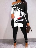 Plus Size Casual Print Long Sleeve Pencil Pants Two Piece Set SH-22110442308