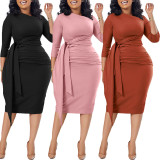 Solid Color Lace Up Slash Neck Midi Dress BGN-273