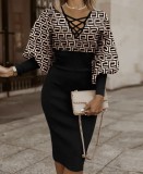 V-neck Print Long Sleeve Midi Dress LS-0388