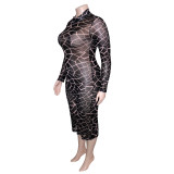 Plus Size Printed Mesh Round Neck Long Sleeve Midi Dress SH-390449