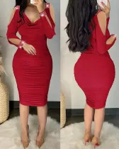 V-neck Hot Drill Solid Color Midi Dress LS-0385