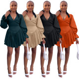 V-neck Back Zipper Pleated Dress MIL-L397