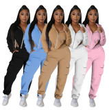 Solid Irregular Zipper Coat Pocket Pants Two Piece Set IV-8354