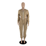 Solid Irregular Zipper Coat Pocket Pants Two Piece Set IV-8354