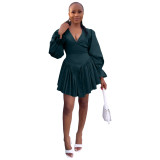 V-neck Back Zipper Pleated Dress MIL-L397