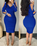 V-neck Hot Drill Solid Color Midi Dress LS-0385