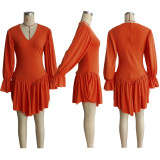 V-neck Back Zipper Pleated Dress MIL-L397