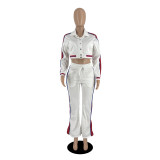 Color Block Striped Button Coat And Pants Two Piece Set IV-8355