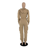 Solid Irregular Zipper Coat Pocket Pants Two Piece Set IV-8354