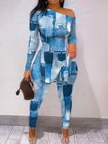 Plus Size Casual Print Long Sleeve Pencil Pants Two Piece Set SH-22110442308