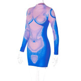 Printed Round Neck Long Sleeve Sexy Mini Dress GKLK-2910137A