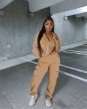 Solid Irregular Zipper Coat Pocket Pants Two Piece Set IV-8354