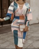 V-neck Print Long Sleeve Midi Dress LS-0388