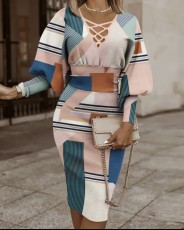 V-neck Print Long Sleeve Midi Dress LS-0388