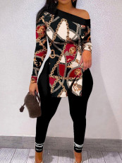 Plus Size Casual Print Long Sleeve Pencil Pants Two Piece Set SH-22110442308