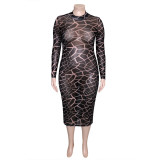 Plus Size Printed Mesh Round Neck Long Sleeve Midi Dress SH-390449