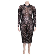 Plus Size Printed Mesh Round Neck Long Sleeve Midi Dress SH-390449