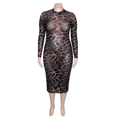 Plus Size Printed Mesh Round Neck Long Sleeve Midi Dress SH-390449